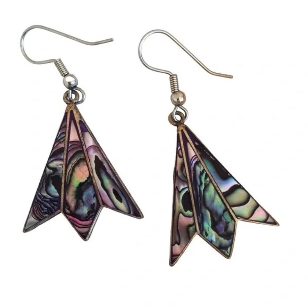 Vintage Alpaca Mexico Abalone Fan Dangle Earrings Boho Artisan Jewelry